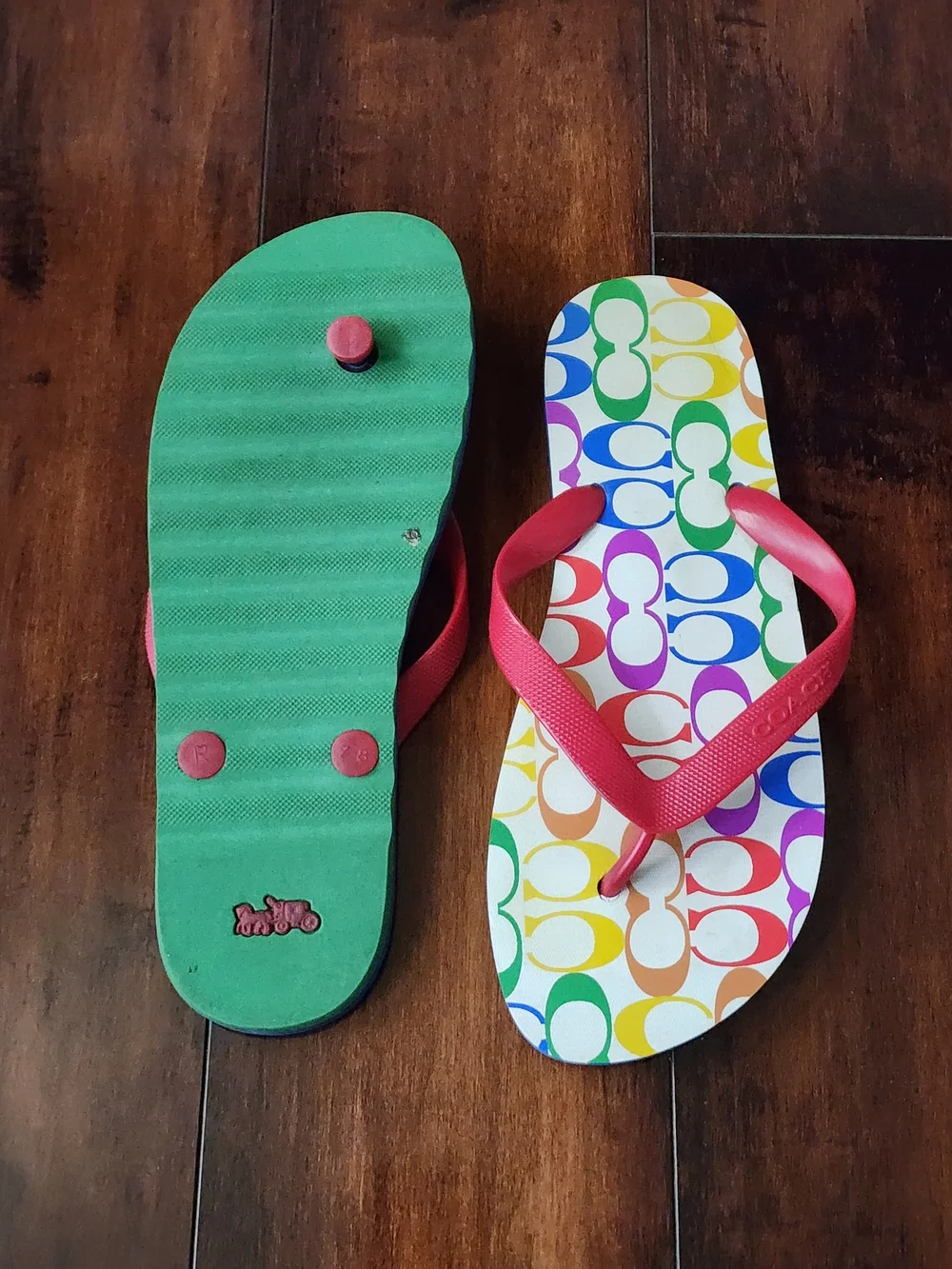 Coach Rainbow Logo Flip Flops with Pink Straps